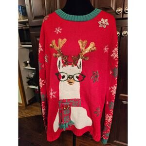 Christmas Sweater by 33 Degrees Mens Large Llama Red Green Sequin Bell Tassels